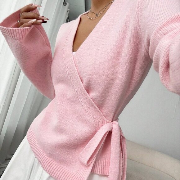 Sweaters - Pink Casual Women's Loose Tie-Front Long Sleeve Cardigan Tops